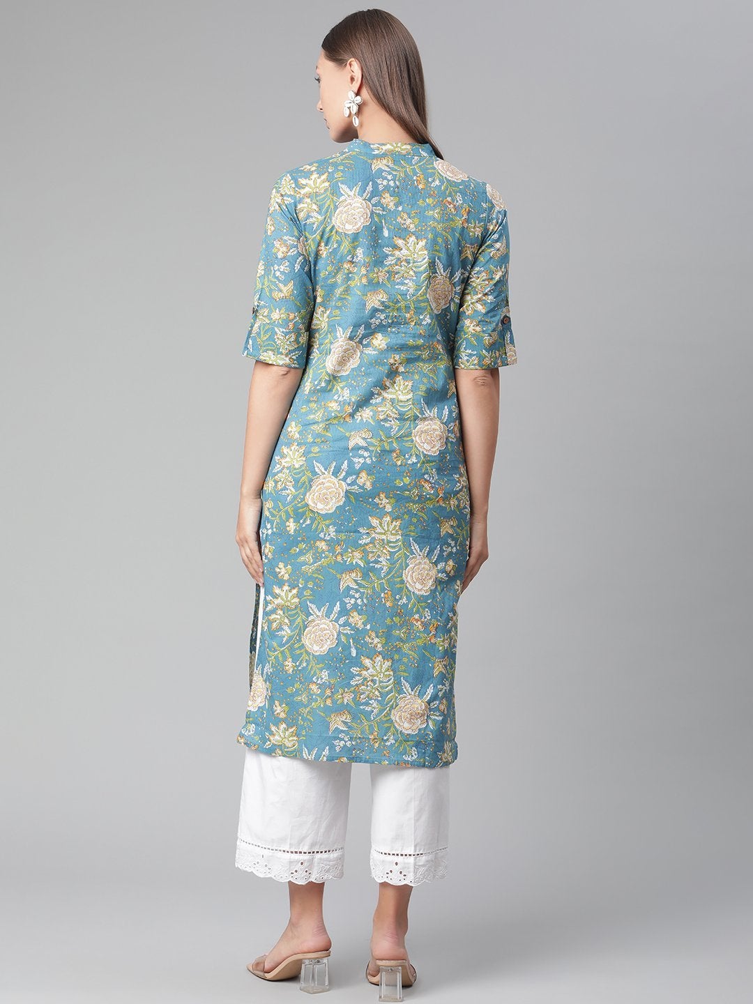 Women's Teal  Floral Print Cotton Straight Kurta