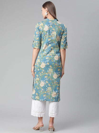 Women's Teal  Floral Print Cotton Straight Kurta
