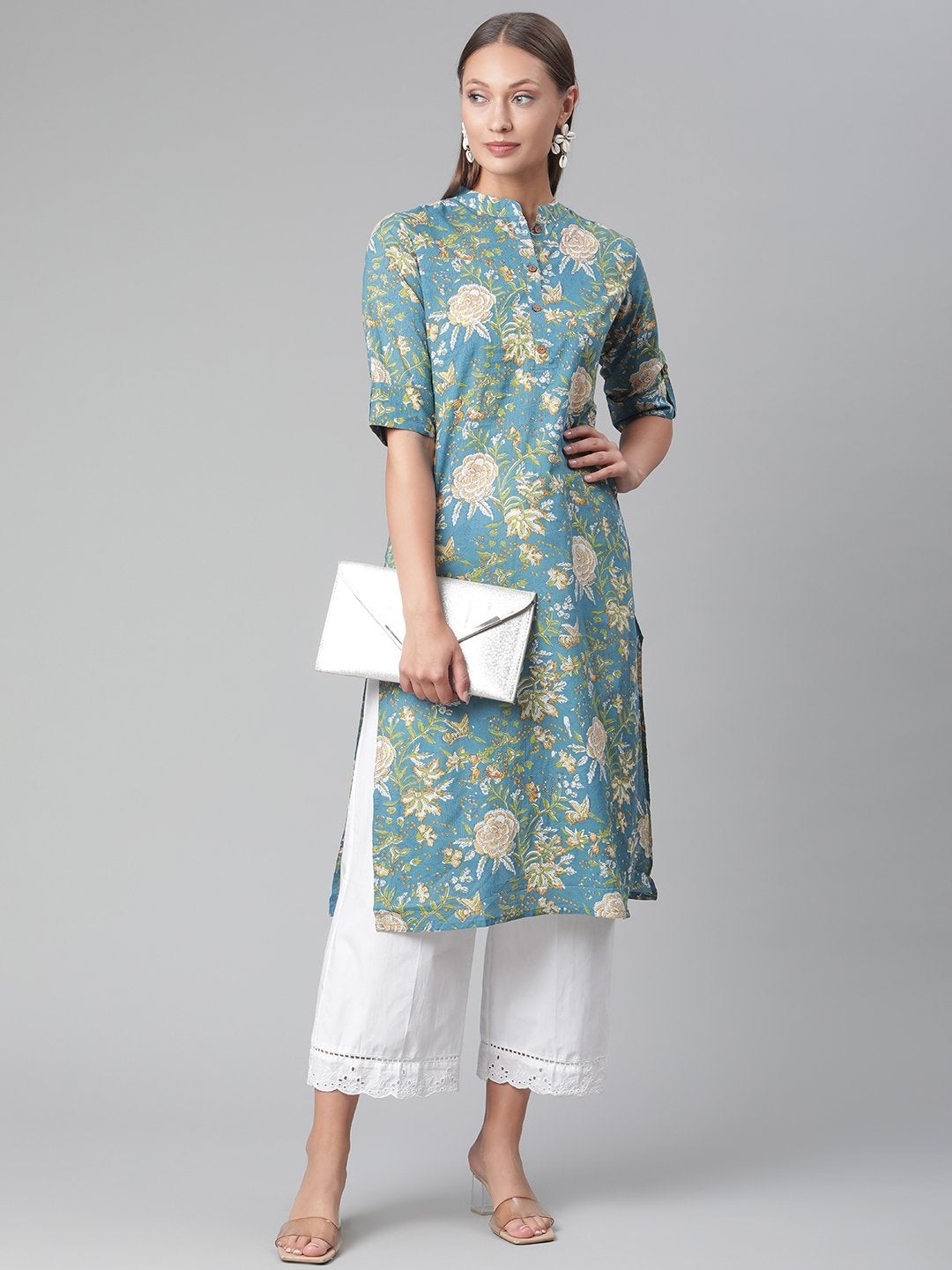 Women's Teal  Floral Print Cotton Straight Kurta