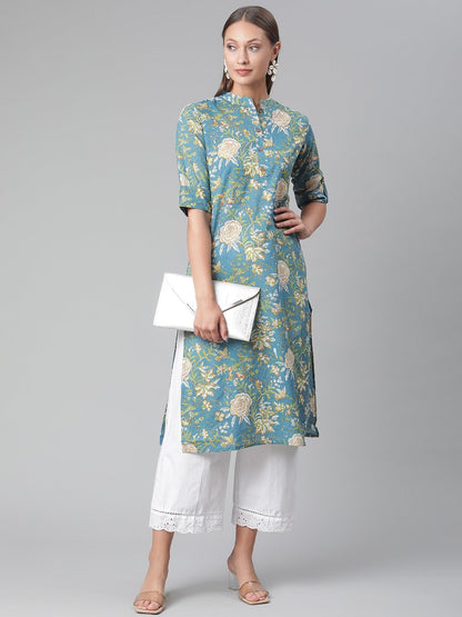 Women's Teal  Floral Print Cotton Straight Kurta