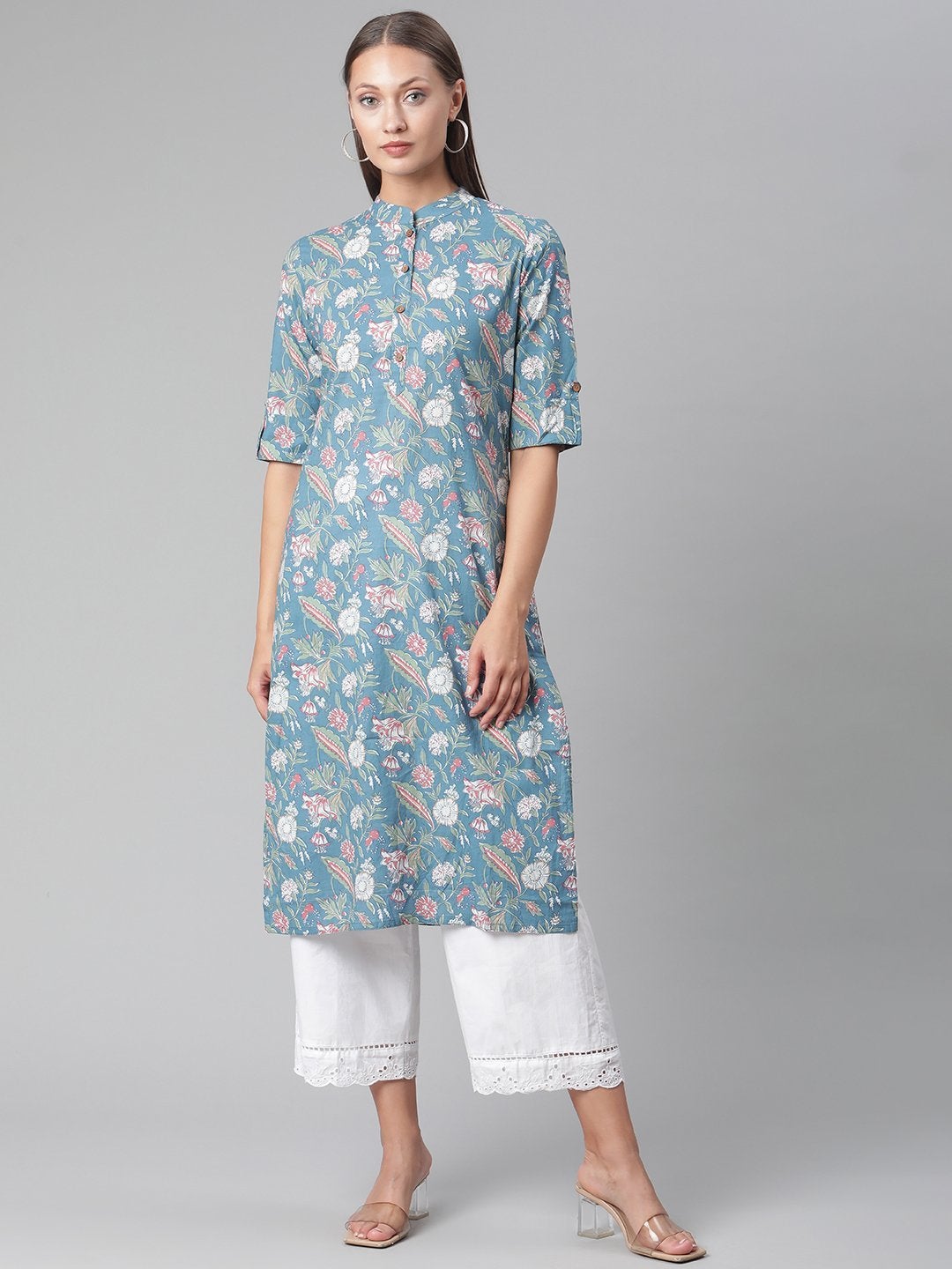 Women's Blue Floral Print Cotton Straight Kurta