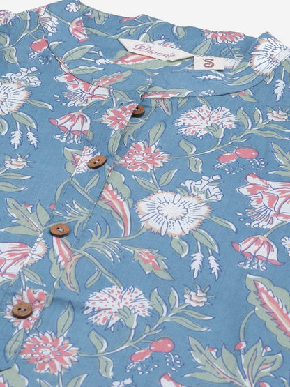 Women's Blue Floral Print Cotton Straight Kurta