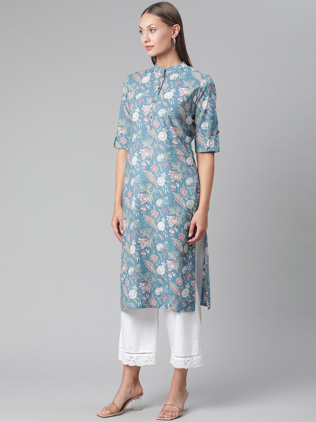 Women's Blue Floral Print Cotton Straight Kurta