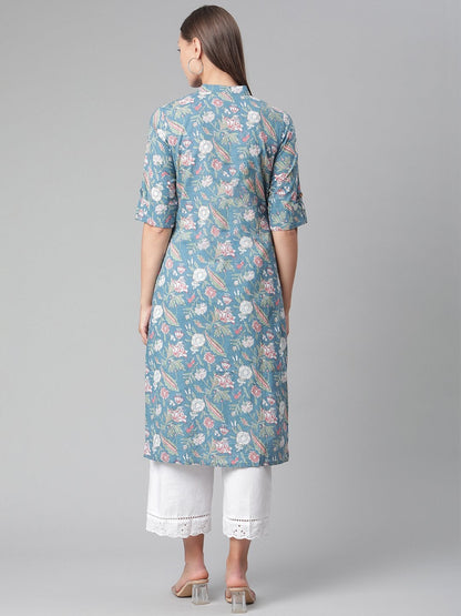 Women's Blue Floral Print Cotton Straight Kurta