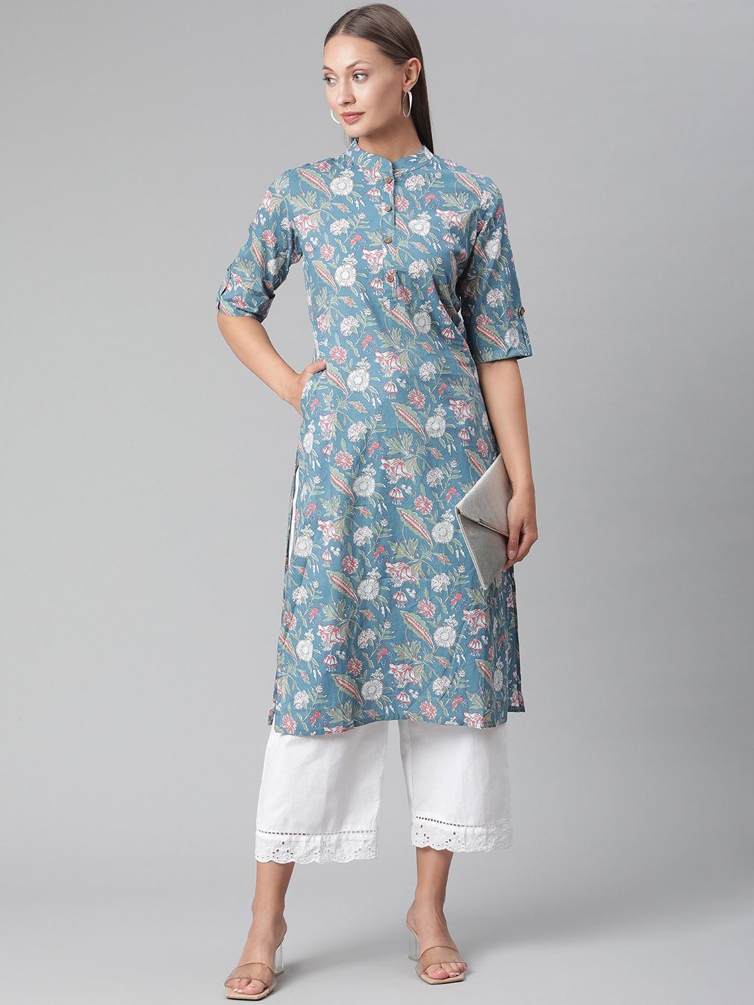Women's Blue Floral Print Cotton Straight Kurta
