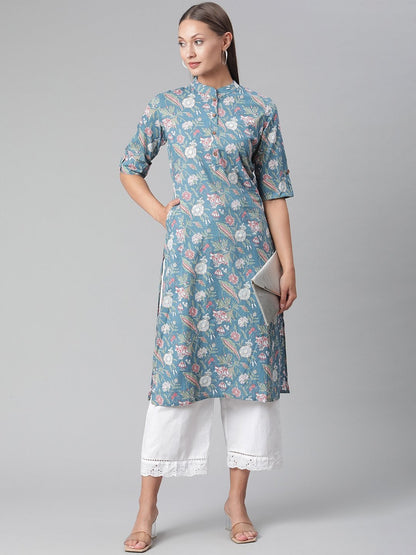 Women's Blue Floral Print Cotton Straight Kurta