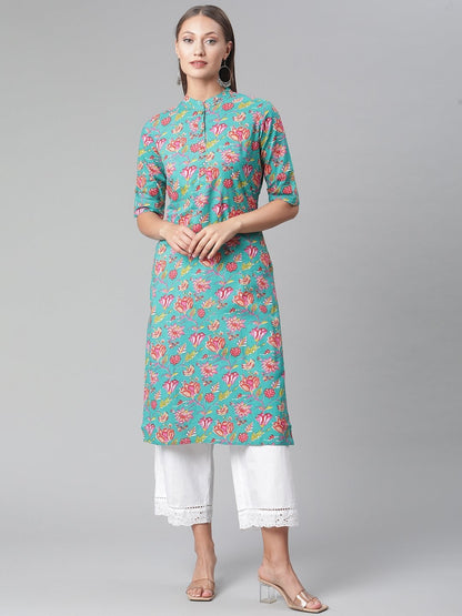 Women's Green  Floral Print Cotton Straight Kurta