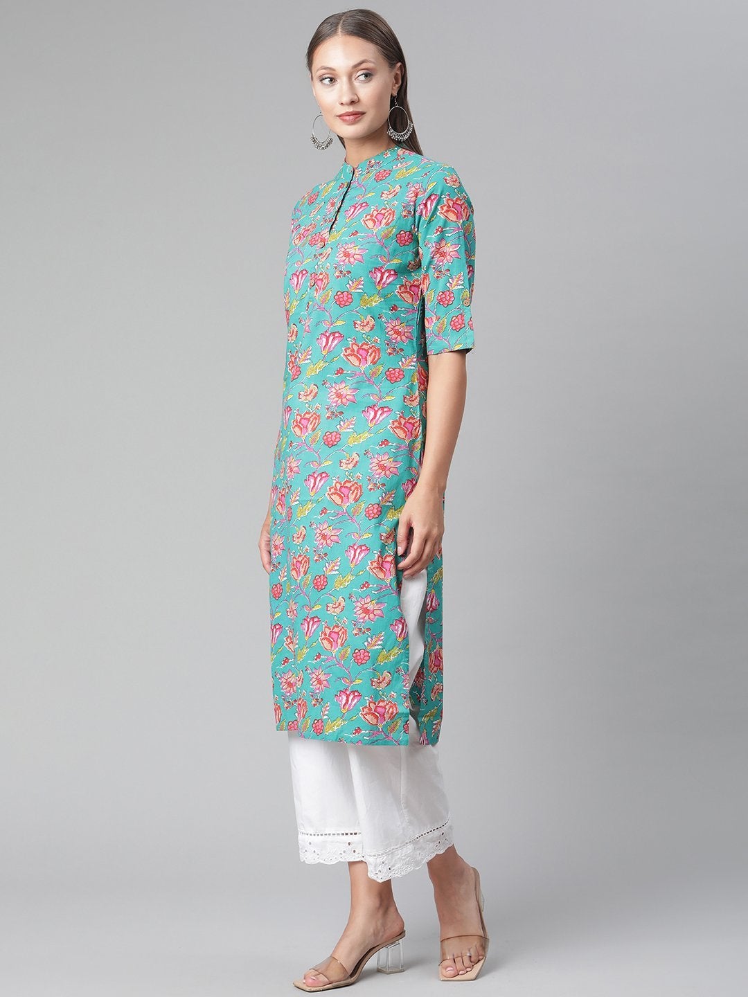 Women's Green  Floral Print Cotton Straight Kurta
