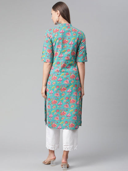 Women's Green  Floral Print Cotton Straight Kurta