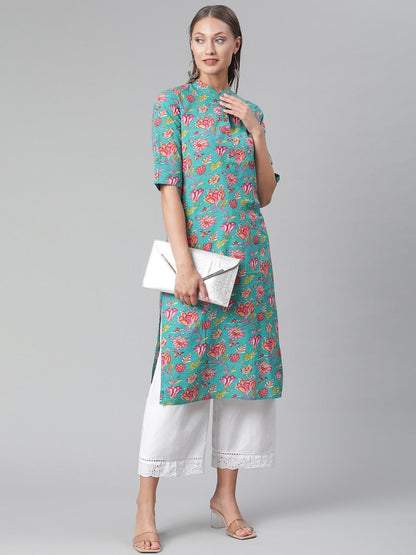 Women's Green  Floral Print Cotton Straight Kurta