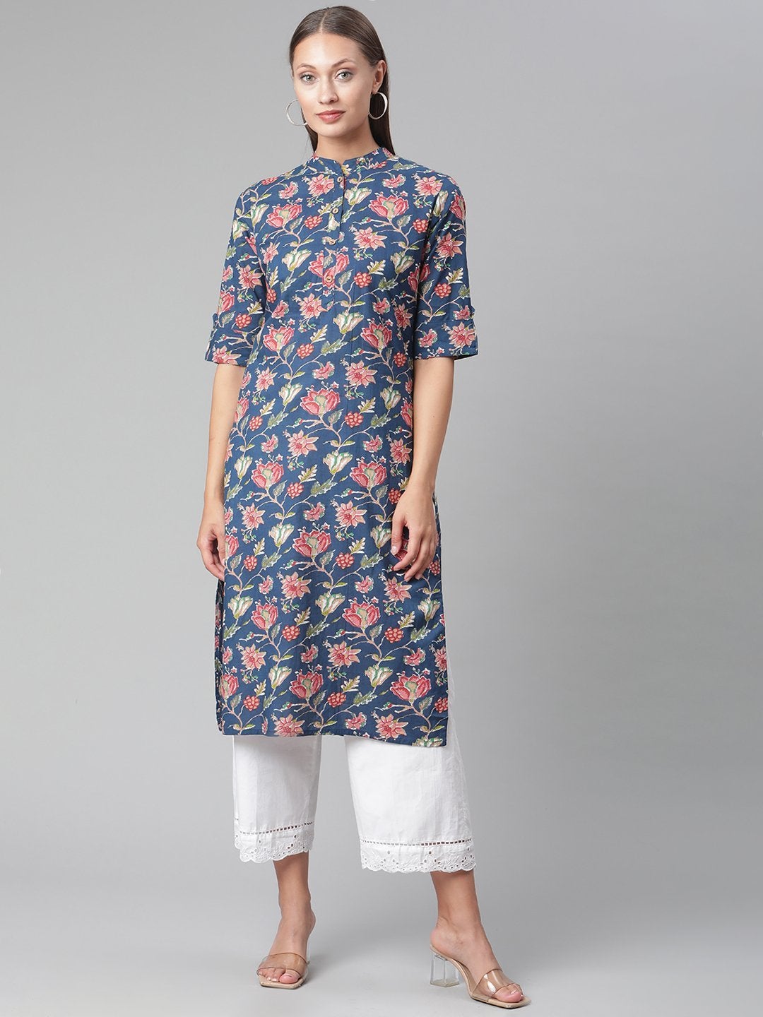 Women's Blue Floral Print Cotton Straight Kurta
