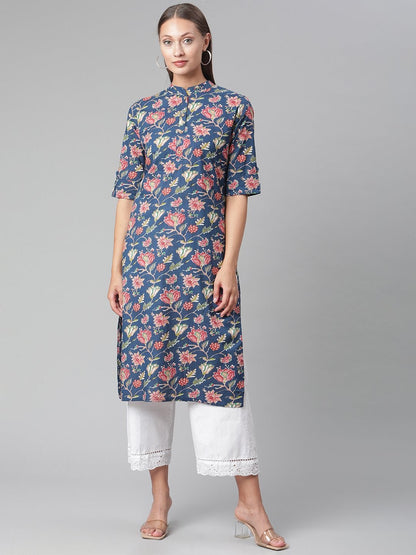 Women's Blue Floral Print Cotton Straight Kurta