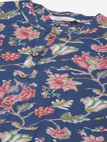 Women's Blue Floral Print Cotton Straight Kurta