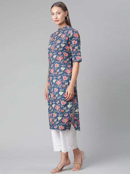 Women's Blue Floral Print Cotton Straight Kurta