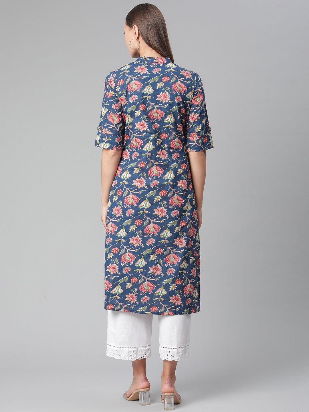 Women's Blue Floral Print Cotton Straight Kurta