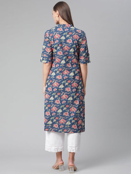 Women's Blue Floral Print Cotton Straight Kurta
