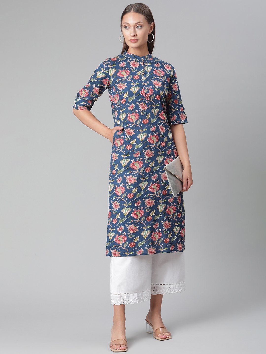 Women's Blue Floral Print Cotton Straight Kurta