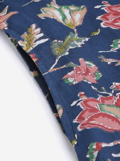 Women's Blue Floral Print Cotton Straight Kurta