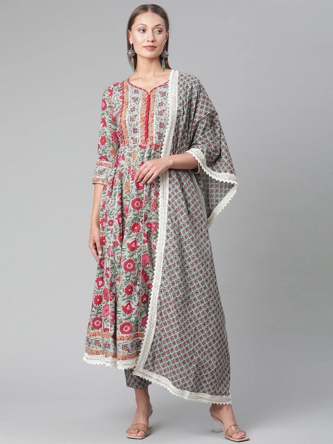 Women's Sea Green self print cotton Anarkali kurta palazzo set with Dupatta