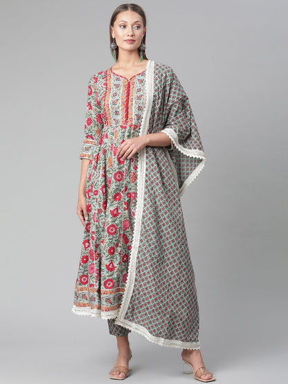 Women's Sea Green self print cotton Anarkali kurta palazzo set with Dupatta