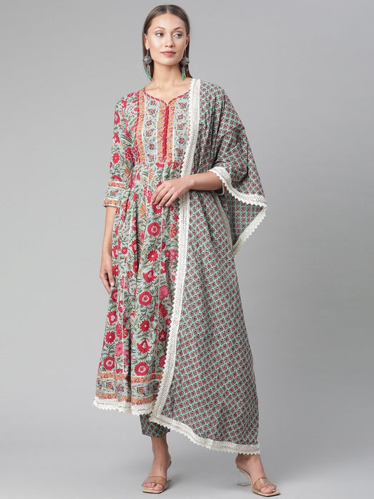 Women's Sea Green self print cotton Anarkali kurta palazzo set with Dupatta