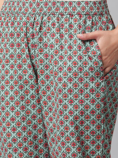 Women's Sea Green self print cotton Anarkali kurta palazzo set with Dupatta