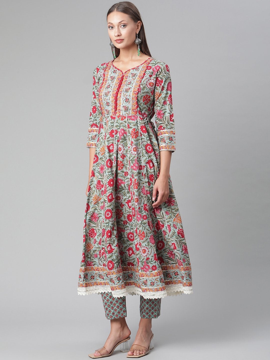 Women's Sea Green self print cotton Anarkali kurta palazzo set with Dupatta