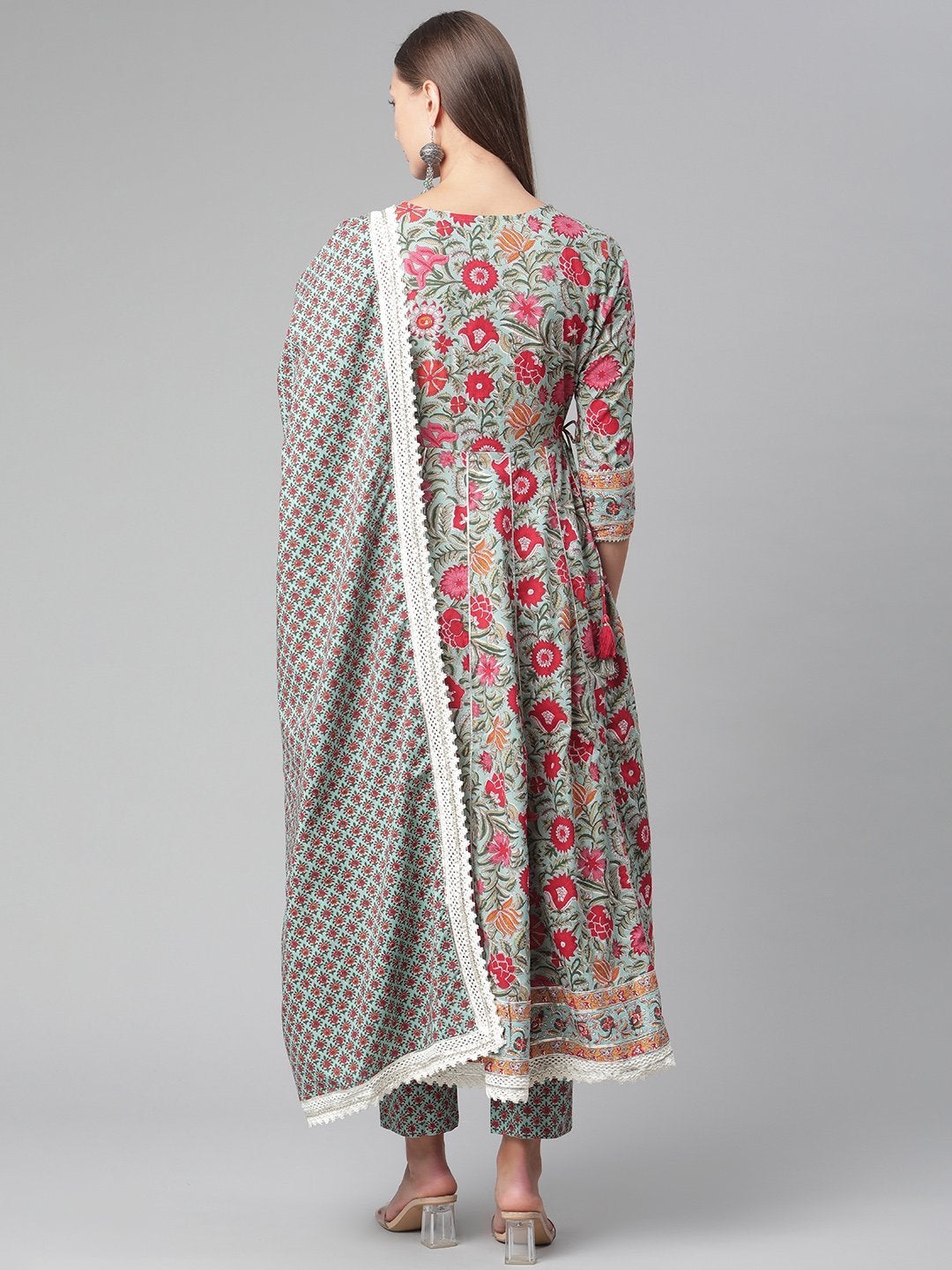 Women's Sea Green self print cotton Anarkali kurta palazzo set with Dupatta