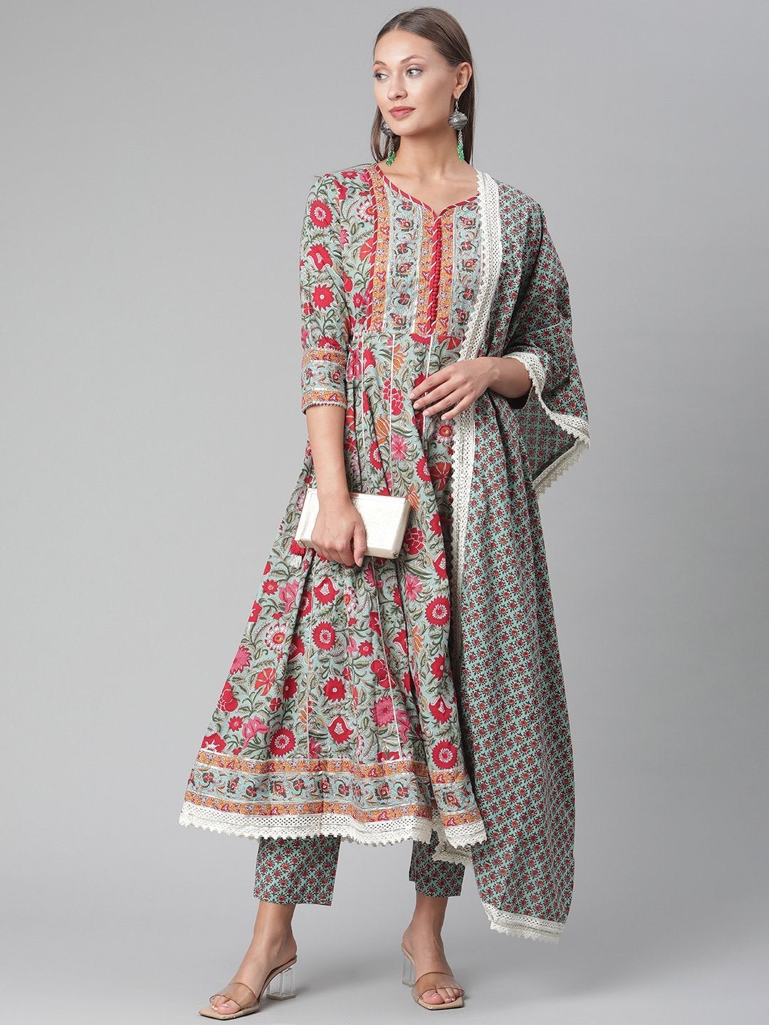 Women's Sea Green self print cotton Anarkali kurta palazzo set with Dupatta