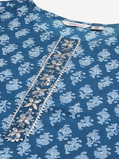Women's Blue Cotton Kurta Pant with Dupatta Set