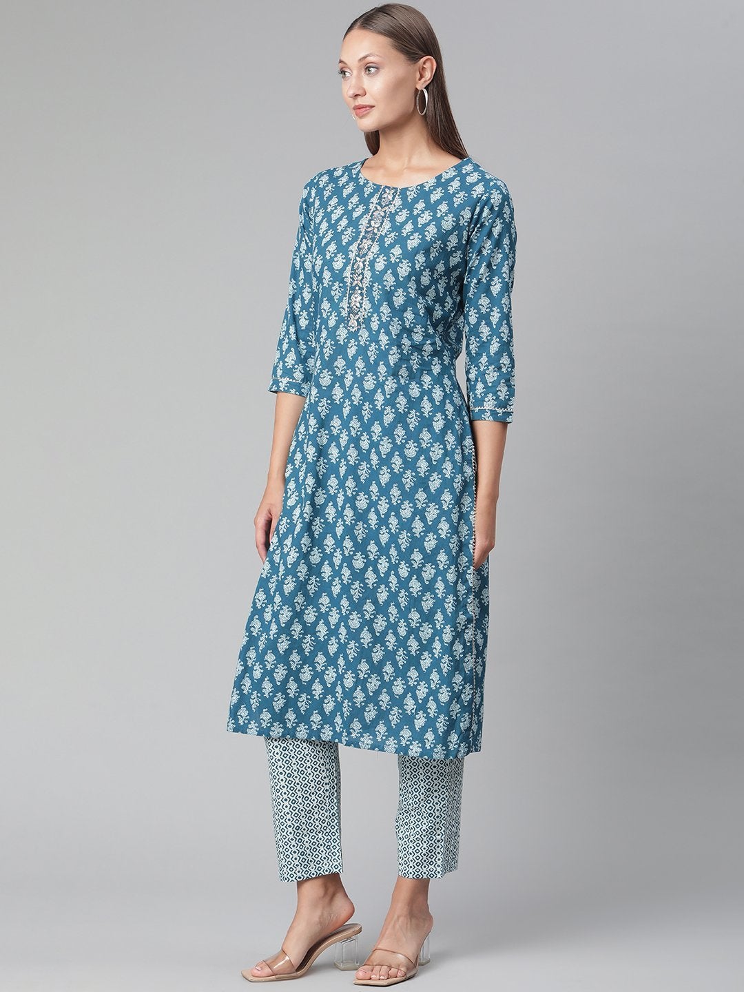 Women's Blue Cotton Kurta Pant with Dupatta Set