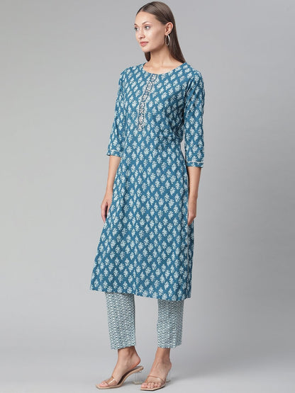 Women's Blue Cotton Kurta Pant with Dupatta Set