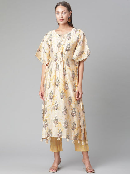 Women's Light Yellow Rayon Kaftan Pant Set