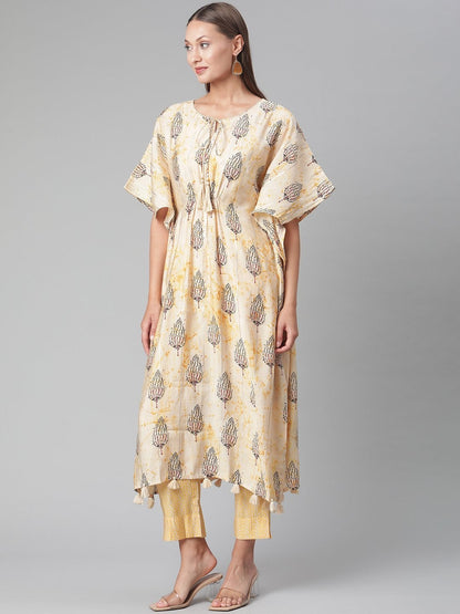 Women's Light Yellow Rayon Kaftan Pant Set
