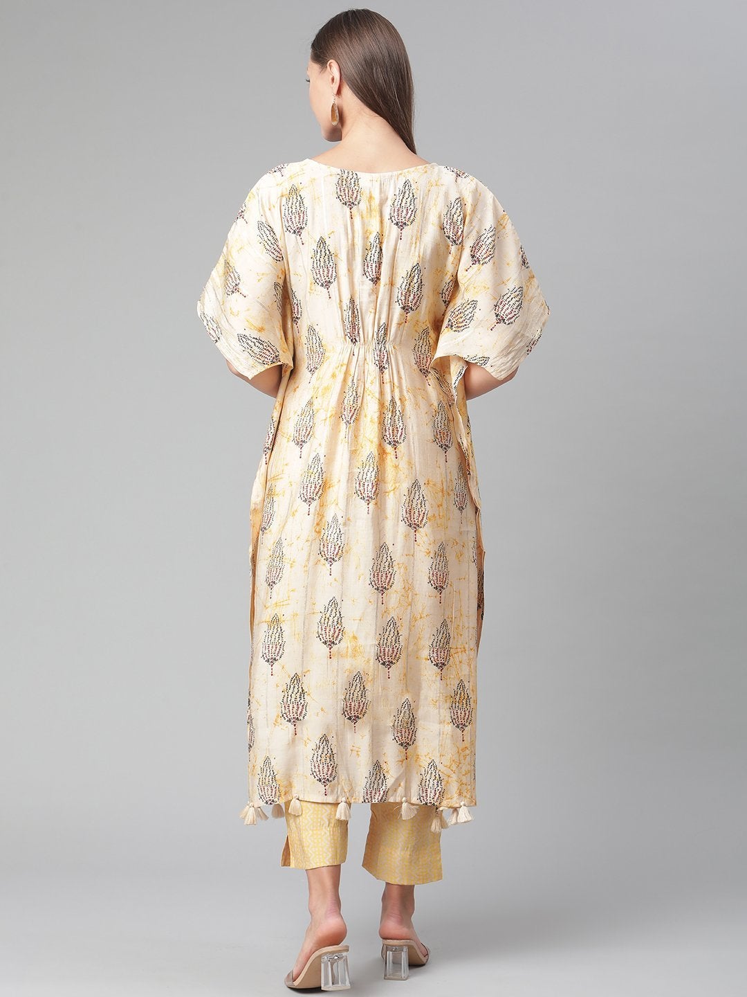 Women's Light Yellow Rayon Kaftan Pant Set