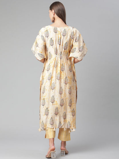 Women's Light Yellow Rayon Kaftan Pant Set
