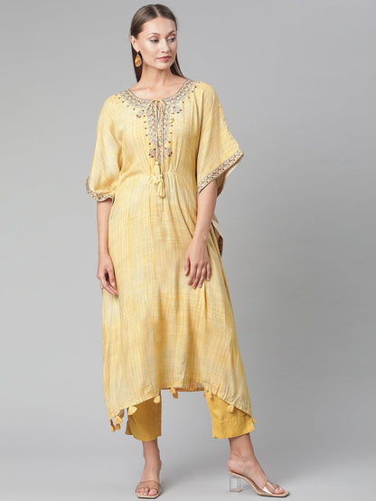 Women's The Dressify Yellow Rayon Kaftan Pant set