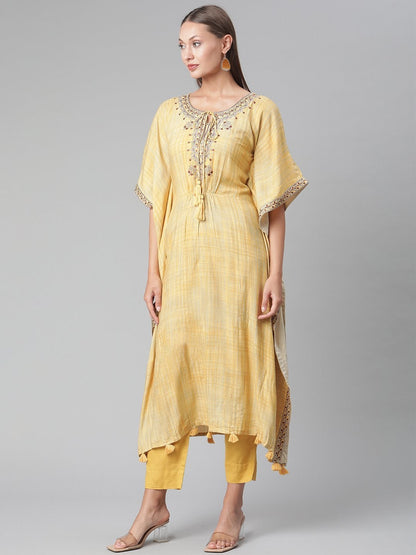 Women's The Dressify Yellow Rayon Kaftan Pant set
