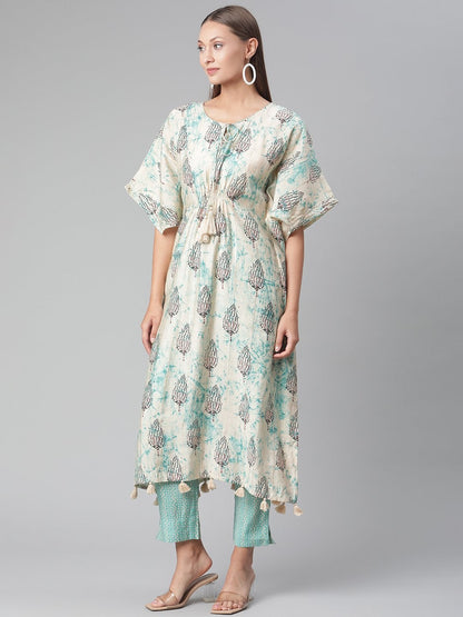 Women's Green Rayon Kaftan Pant Set