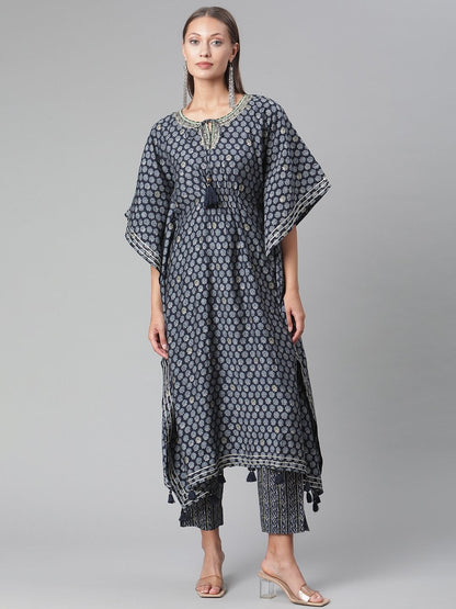 Women's Blue Rayon Kaftan Pant Set