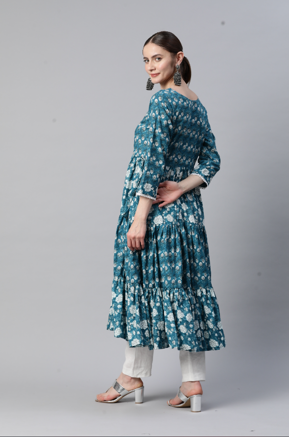 Women's Floral Printb & Lace Work Anarkali Cotton Teal Blue Stitched Kurta