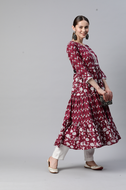 Women's Floral Printb & Lace Work Anarkali Cotton Dark Pink Stitched Kurta
