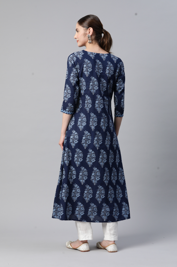 Women's Print & Hand Work A-Line Cotton Blue Stitched Kurta