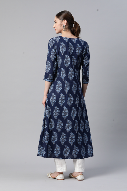 Women's Print & Hand Work A-Line Cotton Blue Stitched Kurta