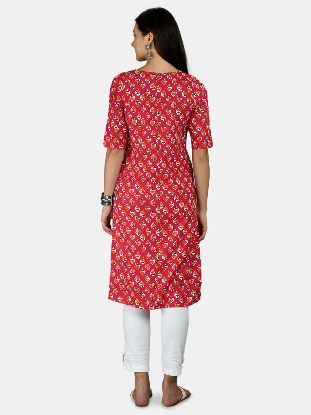Women's Pink Cotton Printed Half Sleeve Round Neck Casual Kurta