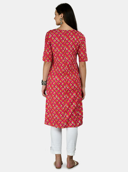 Women's Pink Cotton Printed Half Sleeve Round Neck Casual Kurta