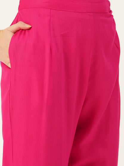 Women's Rani Rayon Panelled Printed A-Line Kurta Trouser Set With Dupatta