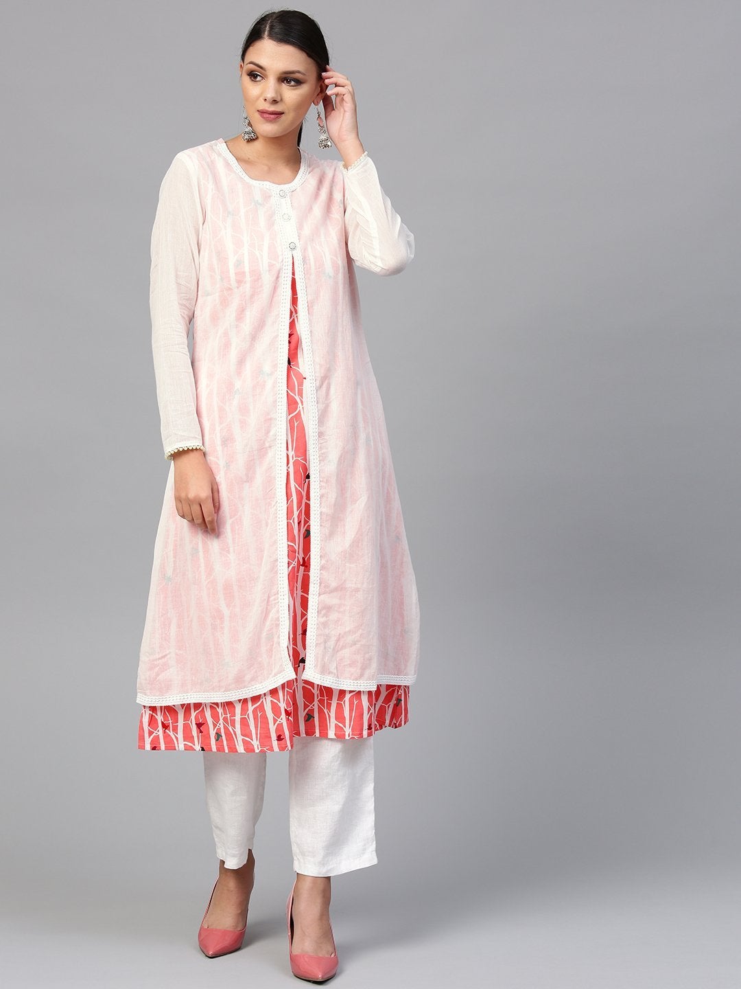 Women's The Dressify White striped Kurta with Muslin Jacket