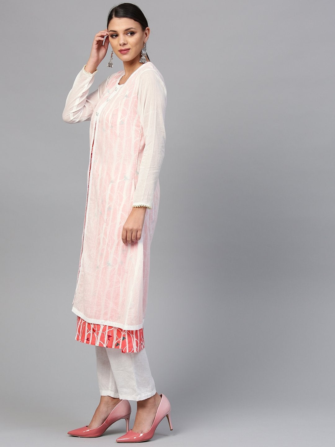 Women's The Dressify White striped Kurta with Muslin Jacket