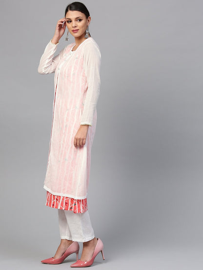 Women's The Dressify White striped Kurta with Muslin Jacket